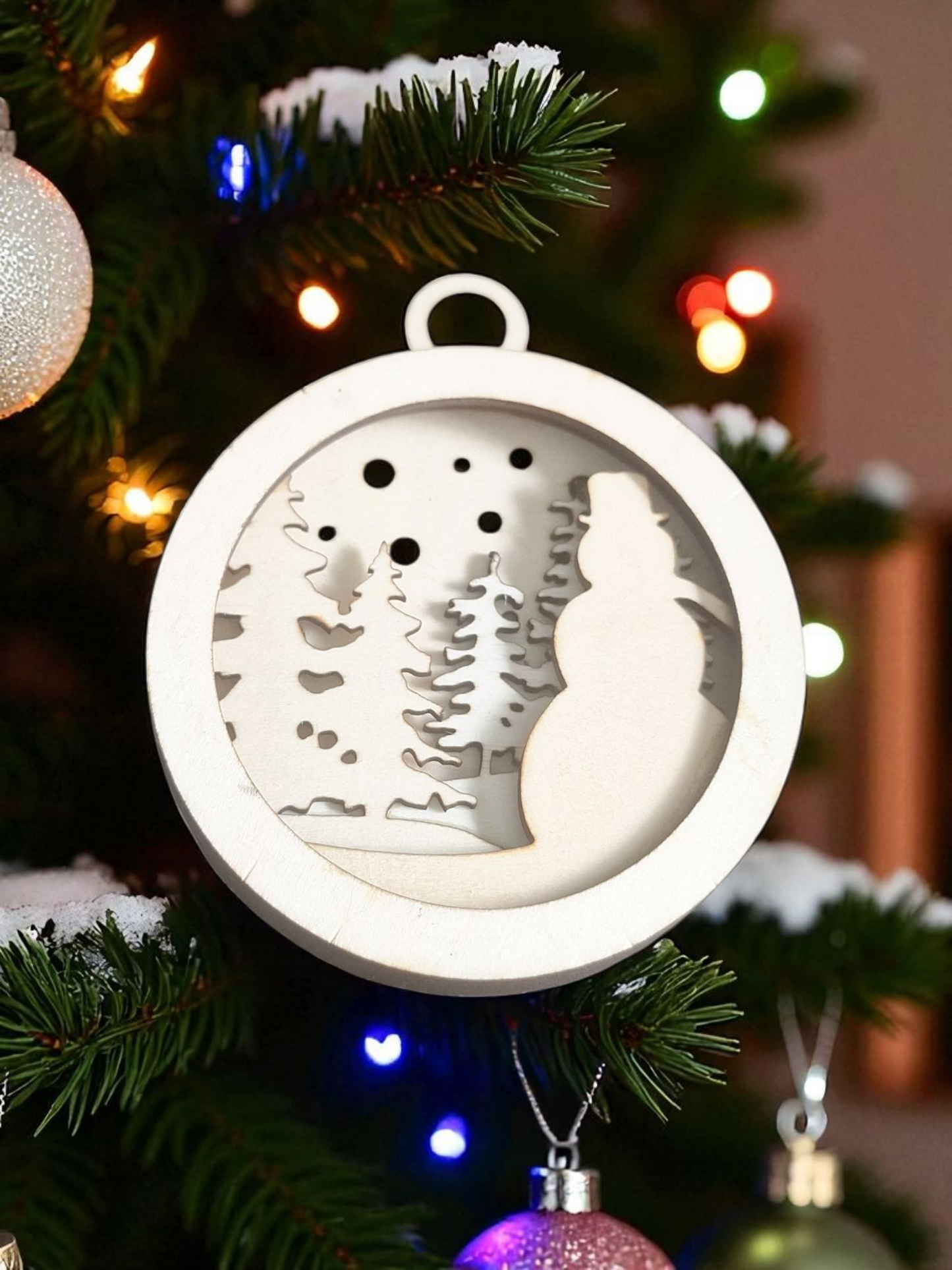 Layered Snowman with Trees Ornament - Unique Christmas Decor