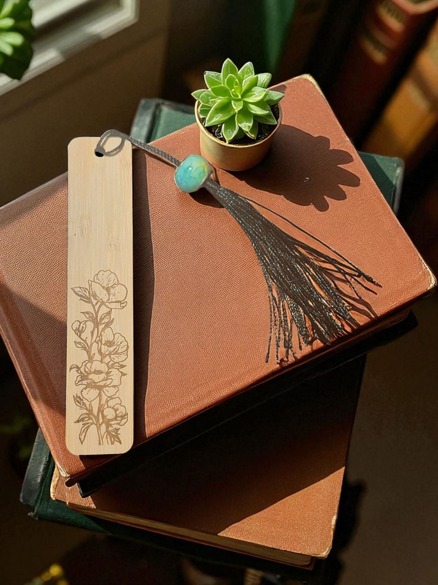 Jasmine Flower Bamboo Bookmark with tassel and glass bead