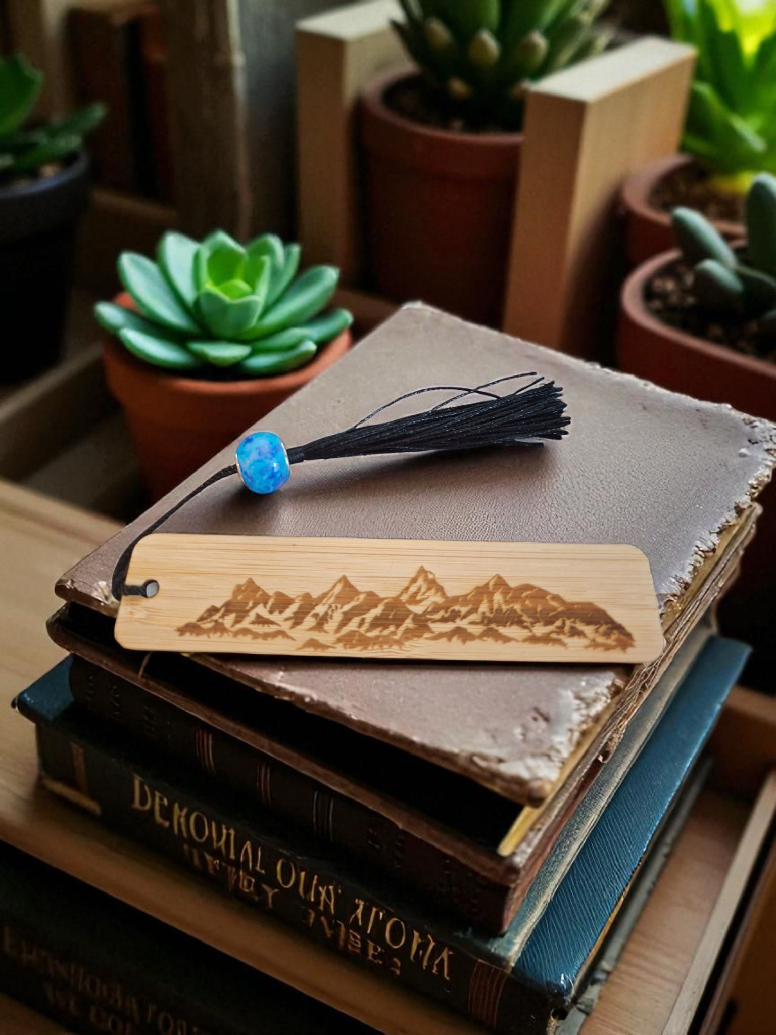 Bamboo Mountain Bookmark with tassel and glass bead
