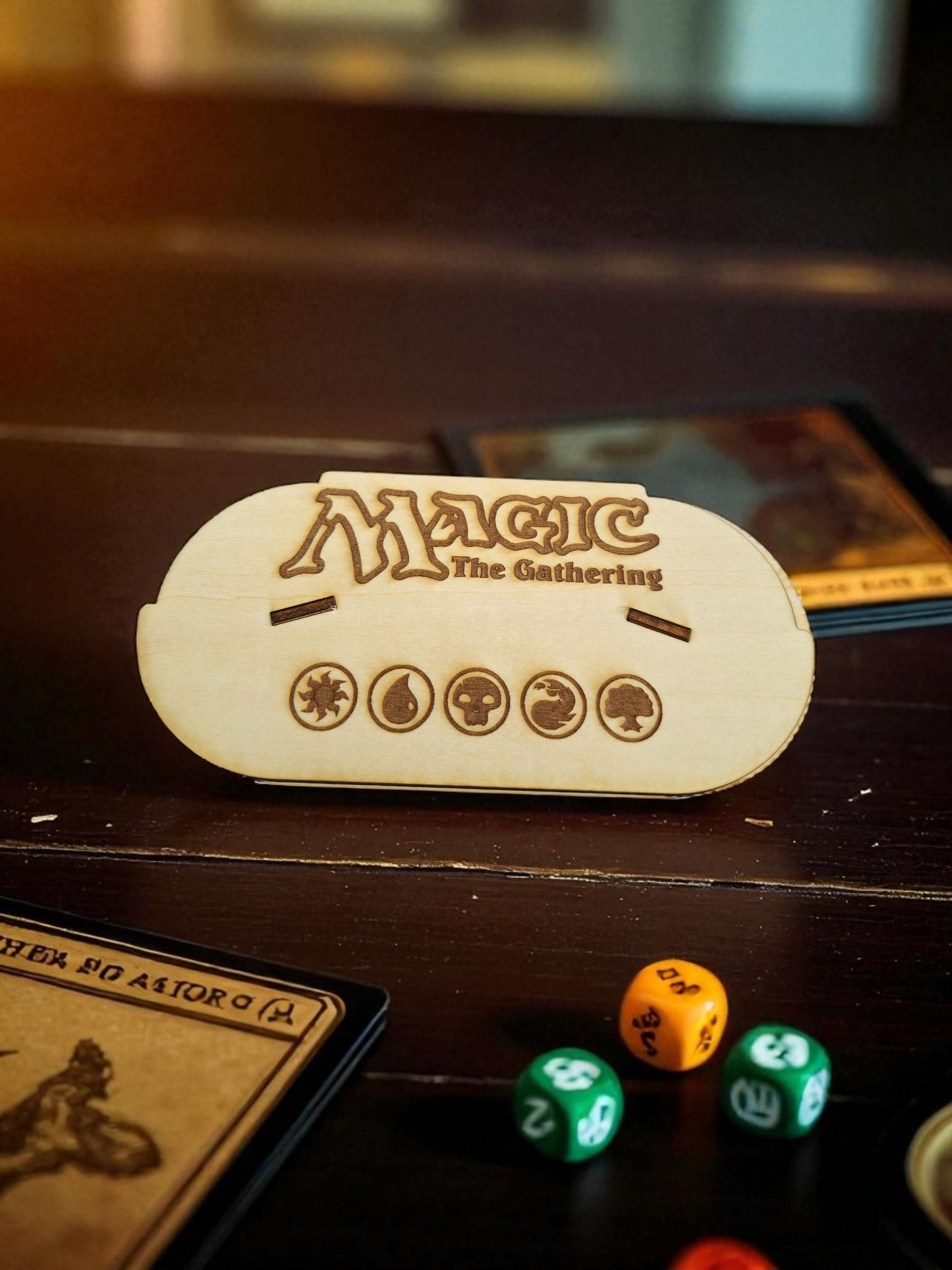Magic the Gathering dual counter back with magic logo and land types engraved