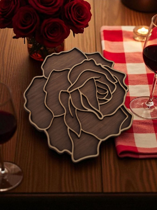 Elegant Rose Coaster - Walnut Wood Valentine's Day Decor - Set of 6